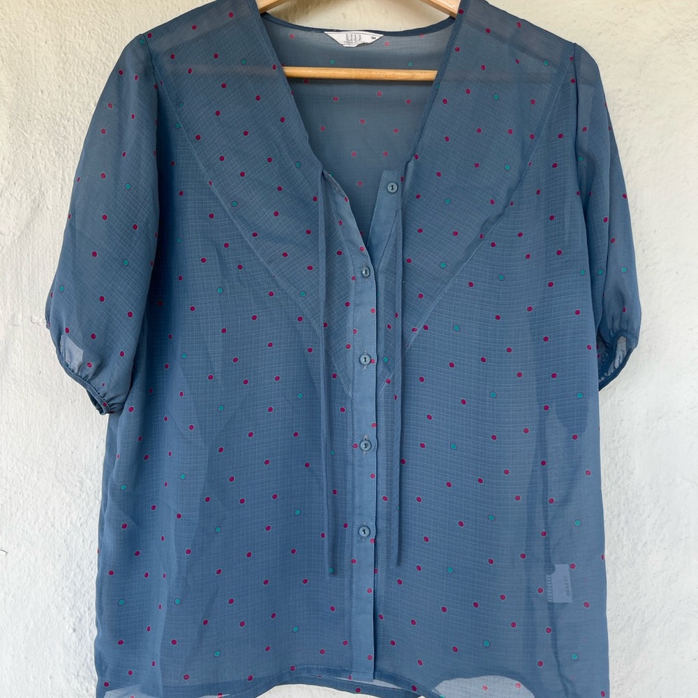 Elegant Sheer Blue Blouse with Polka Dots
